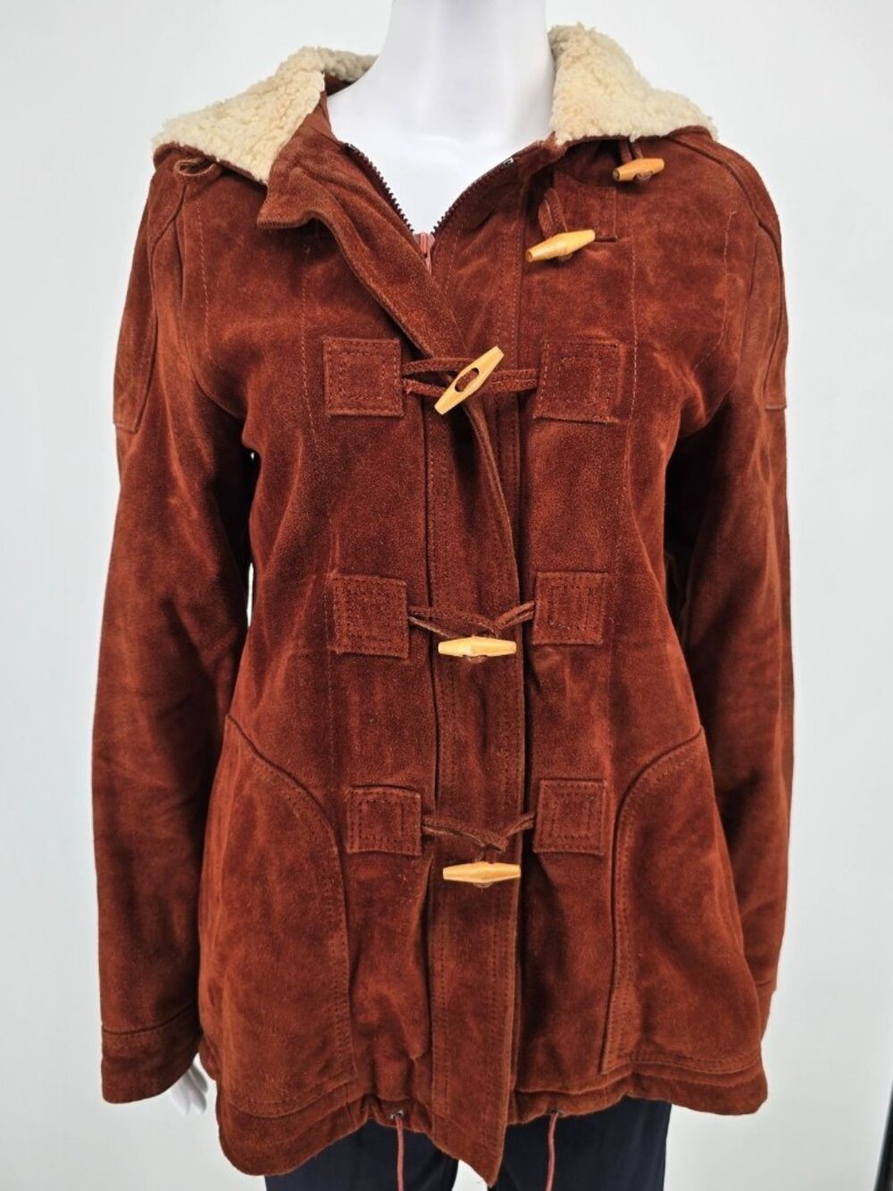 Vintage 1970s Berman's Sherpa Lined Rust Brown Suede Duffle Coat (Medium)